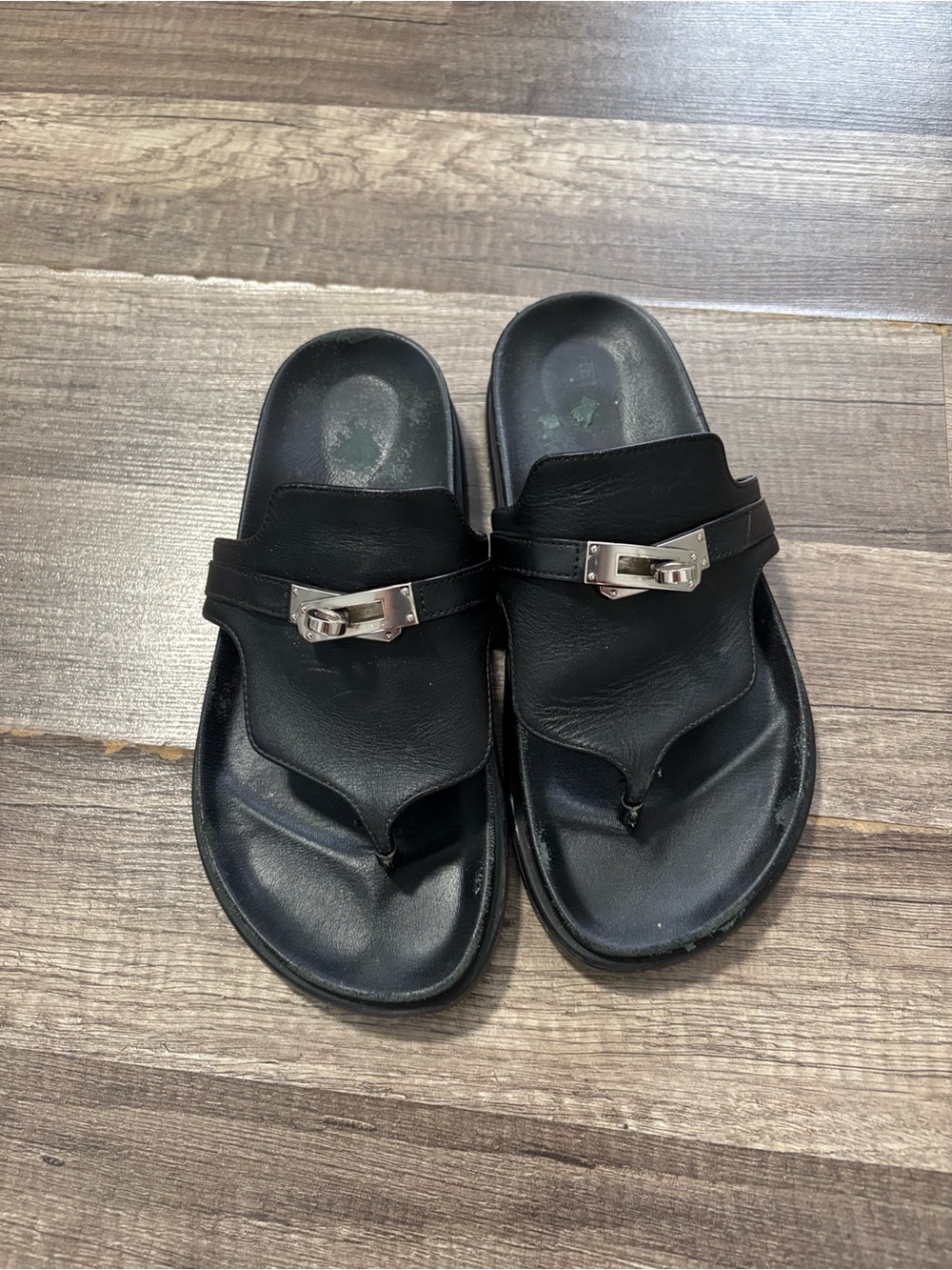 Hermes Black Leather Thong Sandals with Silver Hardware